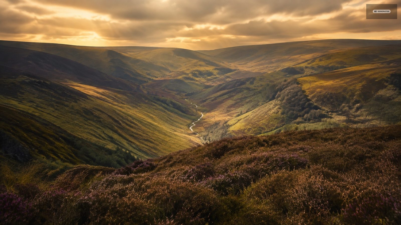 The combes of the Doone Valley on Exmoor under a low sun, heather and bracken running down to the valley floor