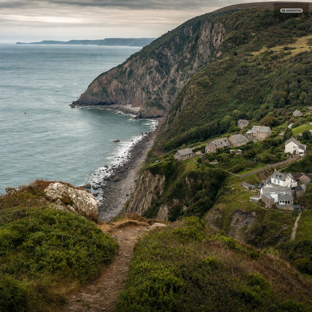 Sea cliffs falling to a shingle cove on the North Devon coast, the Bristol Channel beyond