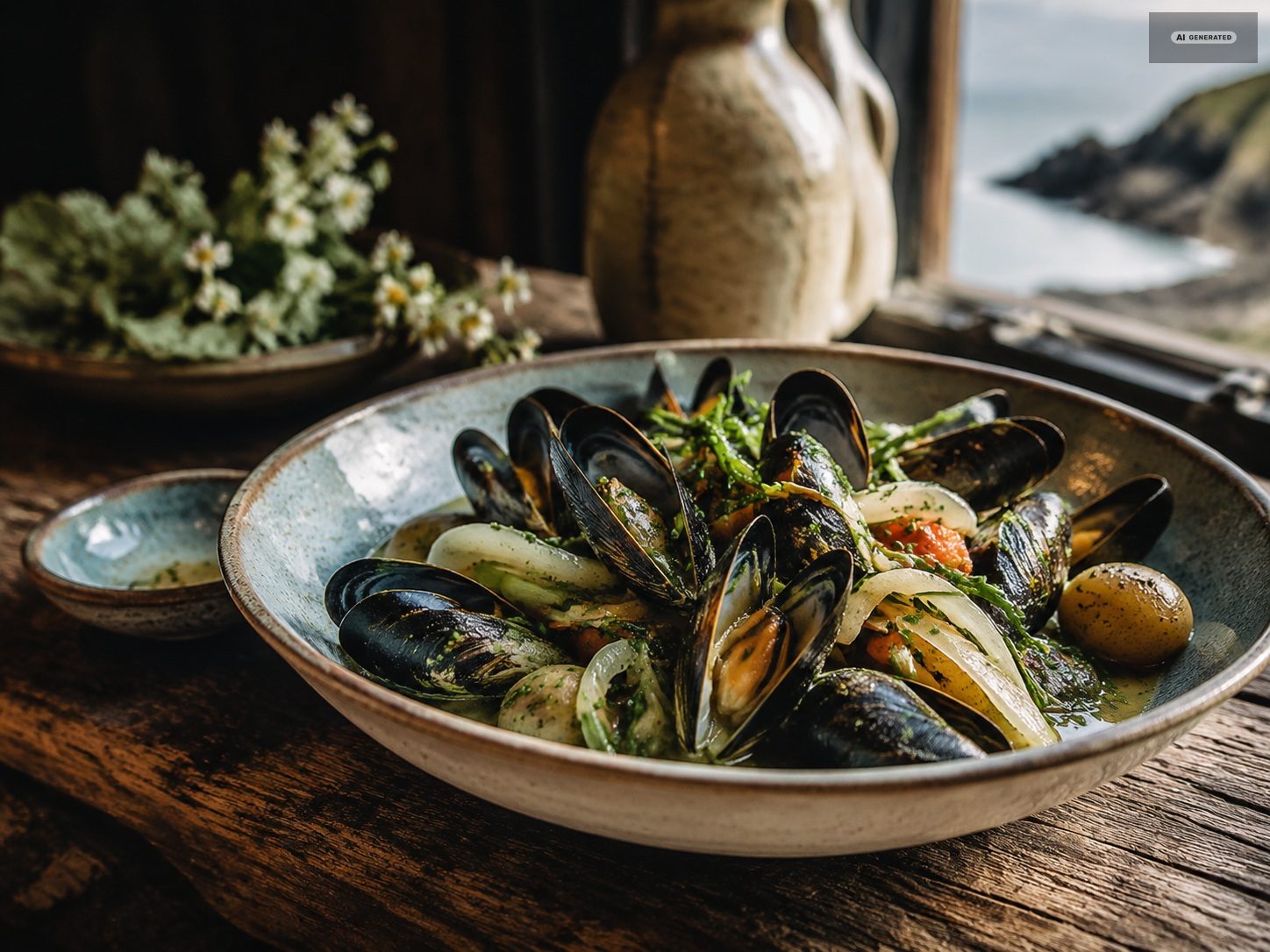 A bowl of mussels in their shells on a wooden table, a stoneware jug behind it