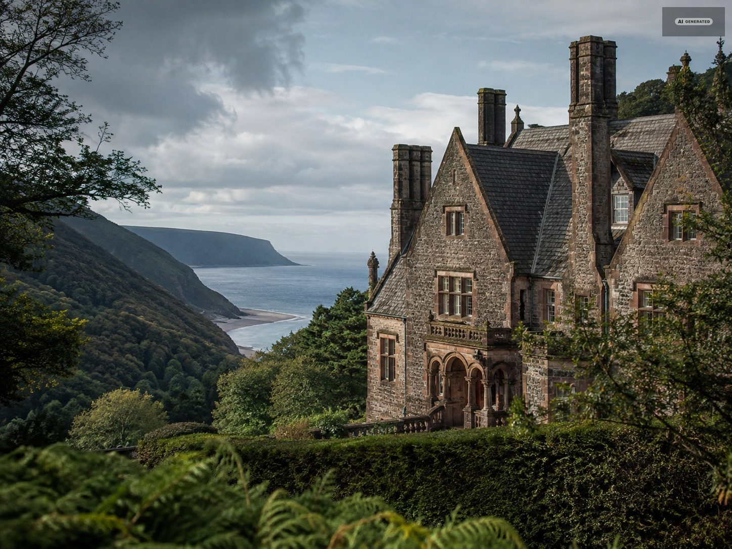 A Victorian stone house with steep gables standing on a wooded cliff above the sea