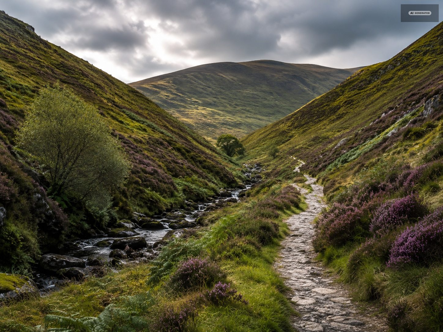A stony footpath following a stream up a steep green combe on Exmoor, heather on the slopes