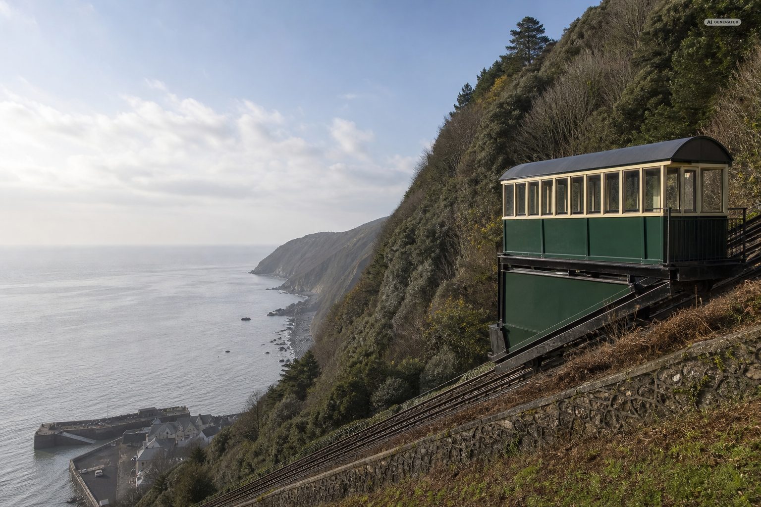 A cliff railway carriage on its incline above Lynmouth harbour