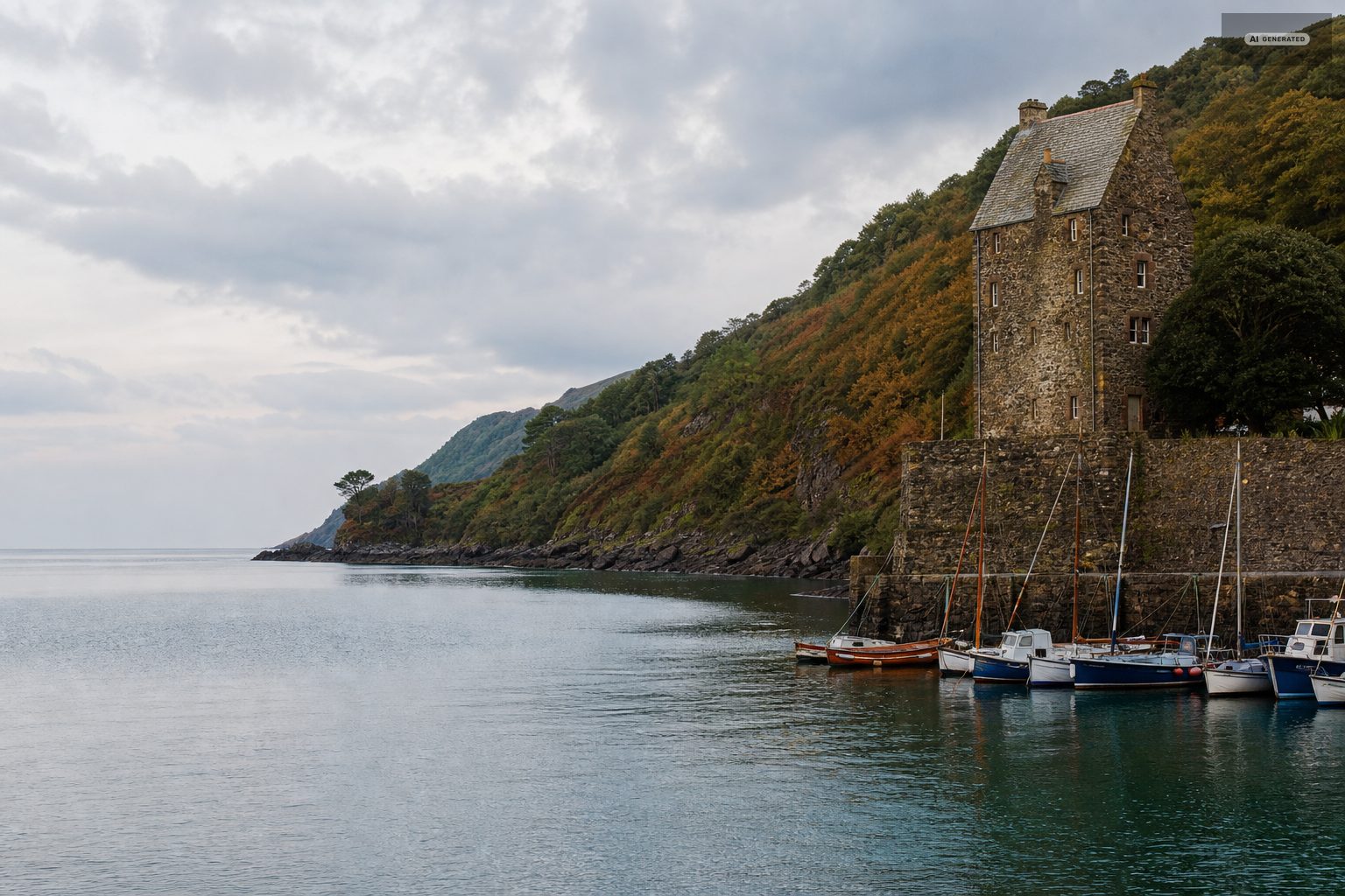 A quiet corner of the harbour at Lynmouth with the tower and moored boats