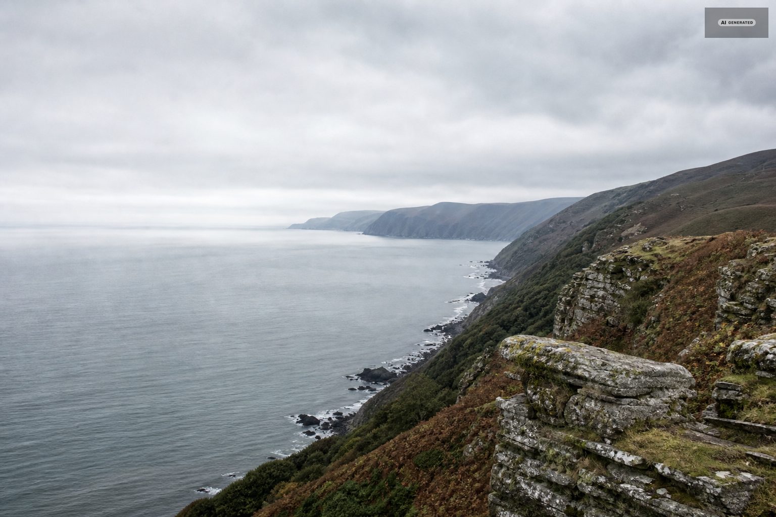 The Bristol Channel from the Lynton clifftop on a still grey morning