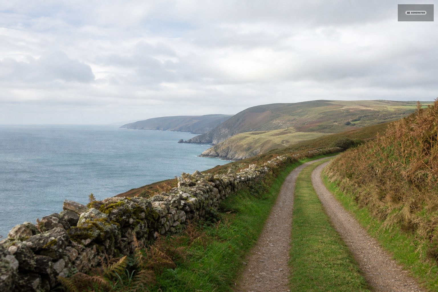 A single-track Exmoor lane with grass down the middle and no signpost, moor beyond
