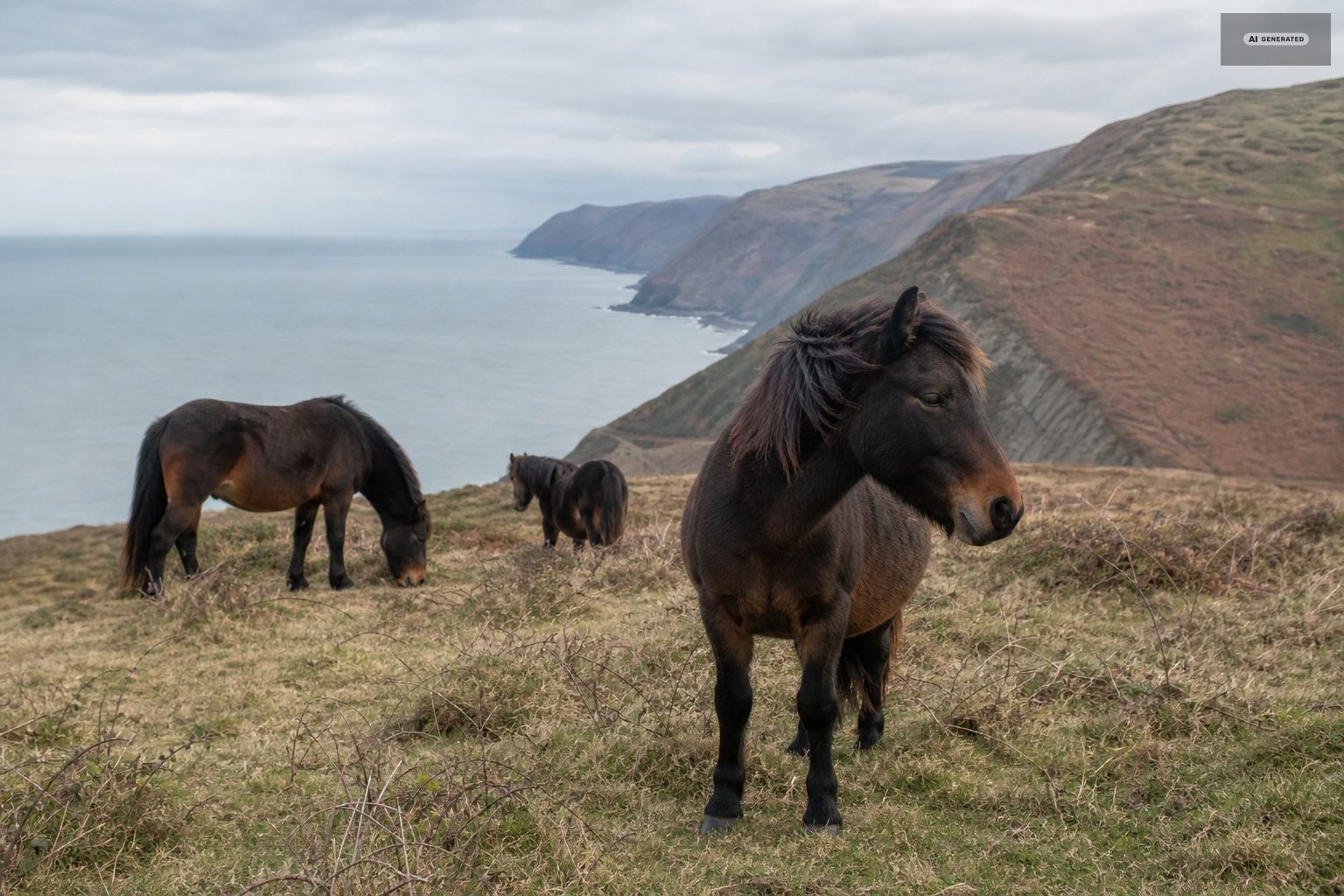 Exmoor ponies, on the Exmoor coast at Lynton and Lynmouth