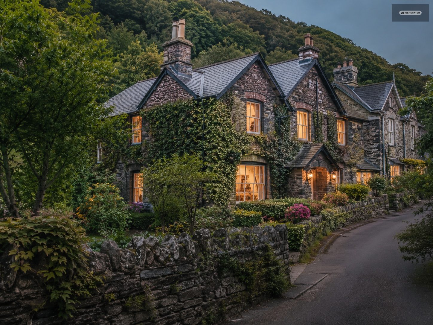 An ivy-covered stone guesthouse with lit windows on a village lane