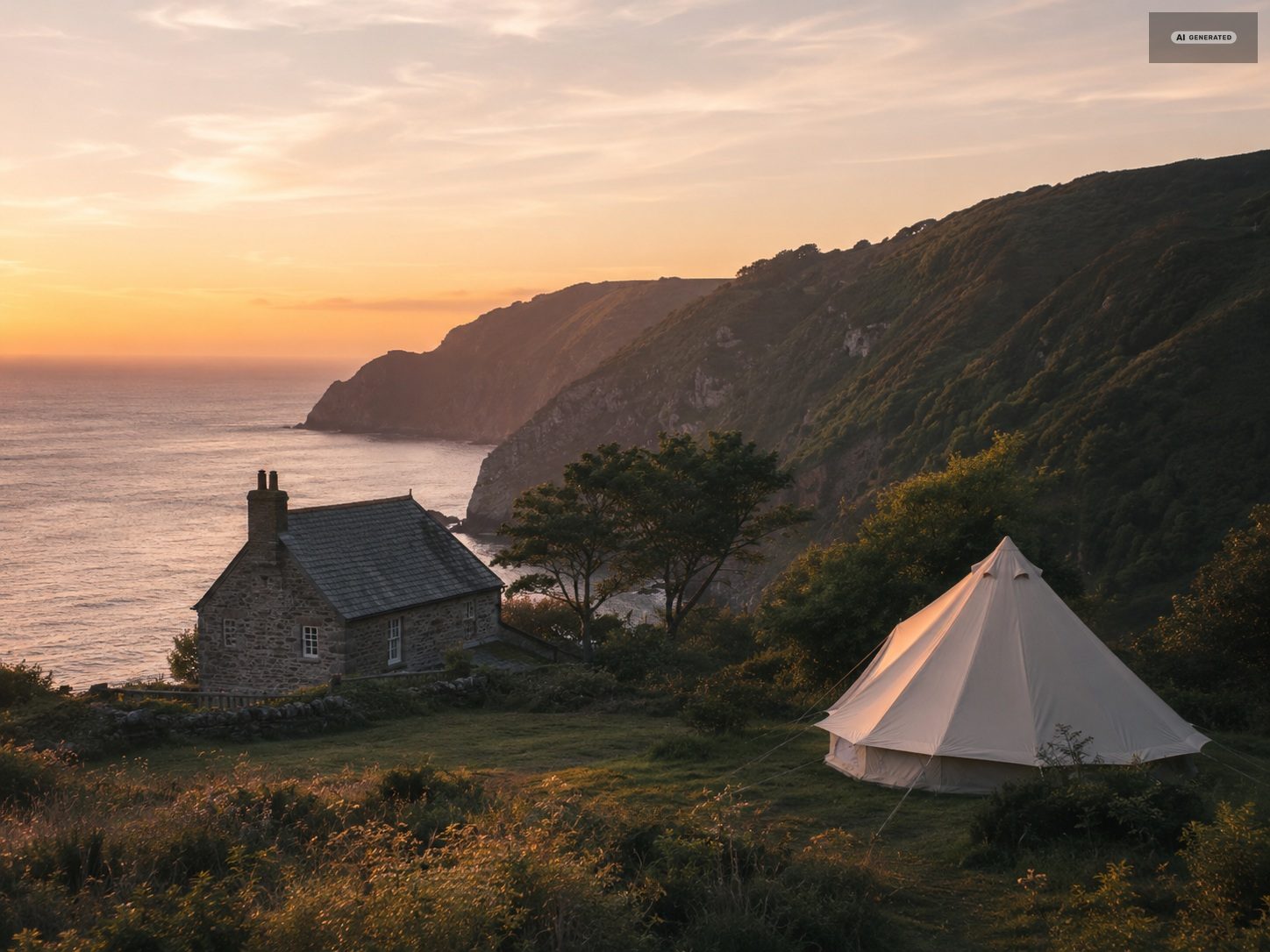 A bell tent and a stone cottage on a headland above the sea at sunset