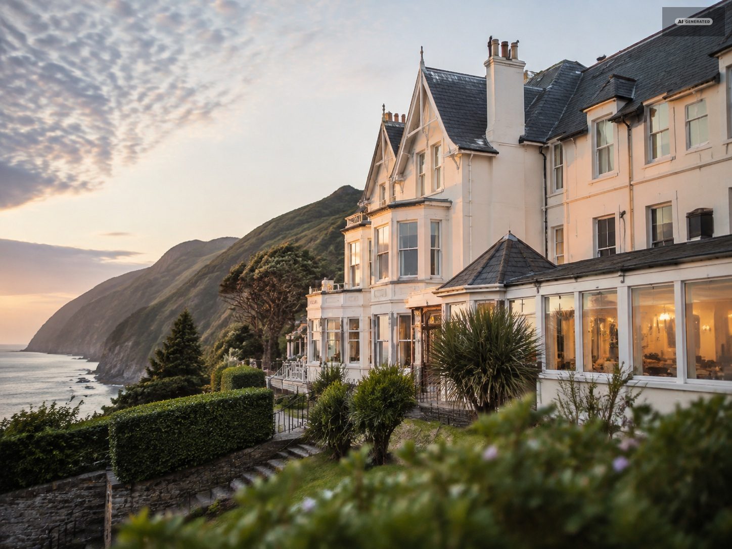 A white Victorian hotel lit at dusk above the coast, gardens in front and the sea beyond