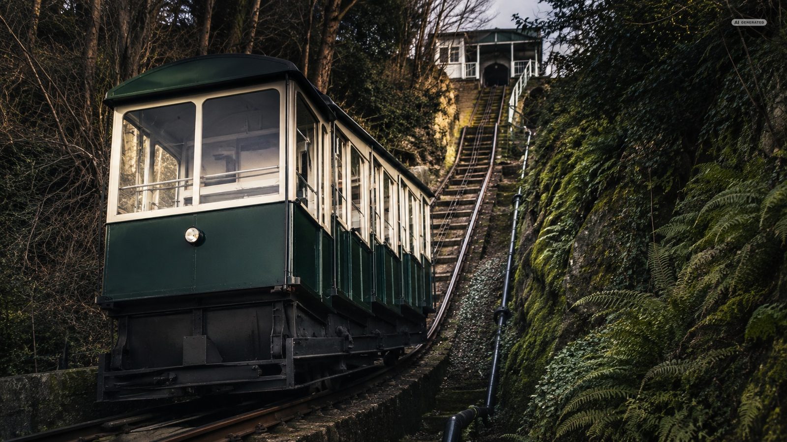 A cliff railway carriage on its incline in the wooded cutting between the two villages