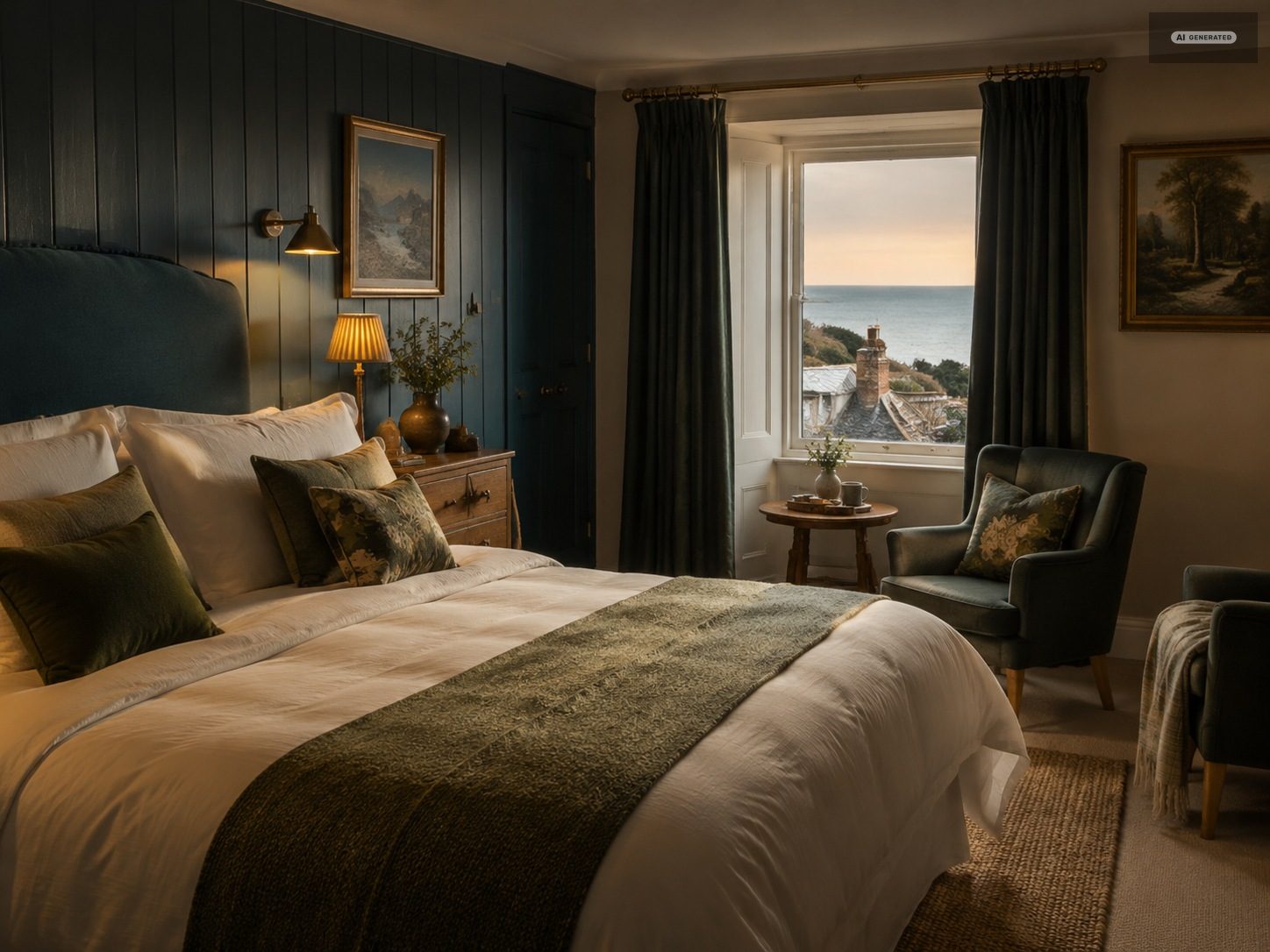 A quiet bedroom with a view over the coast through the window