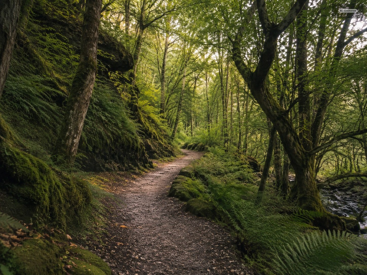 A green woodland path climbing away from the coast