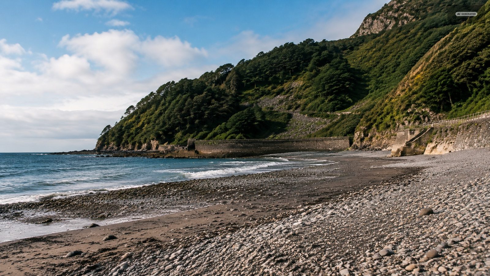 A boulder shoreline east of Lynmouth harbour with the cliffs running away along the coast