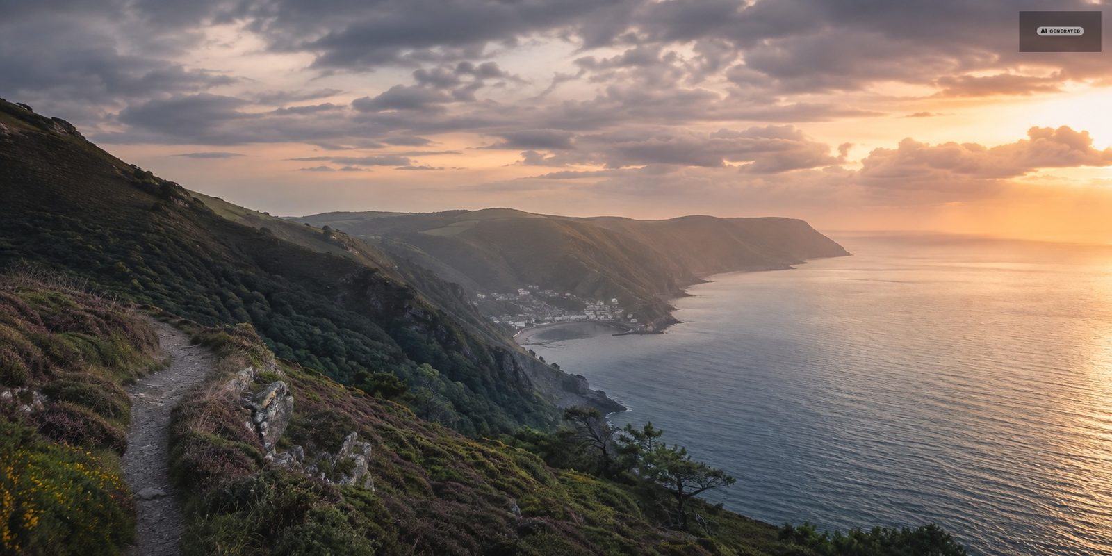 The North Devon coast at dusk, headland after headland running east from the harbour