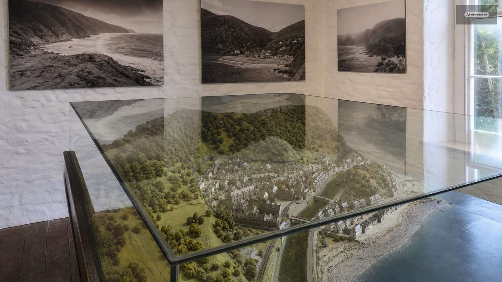 A scale model of Lynmouth before 1952 under a glass case in the Flood Memorial Hall, photographs of the village on the wall behind