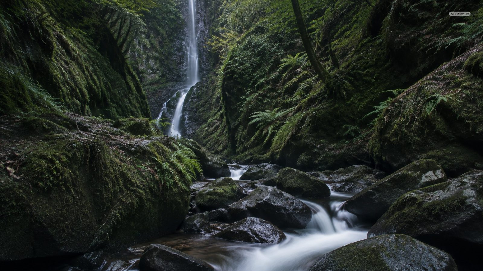 A waterfall dropping through the wooded rocks of Glen Lyn Gorge