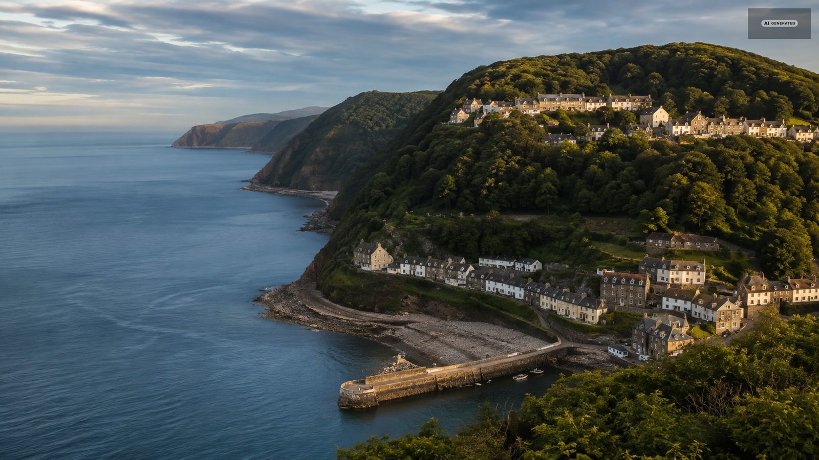 Lynmouth harbour and its stone pier below the wooded cliff, with the houses of Lynton on the headland above