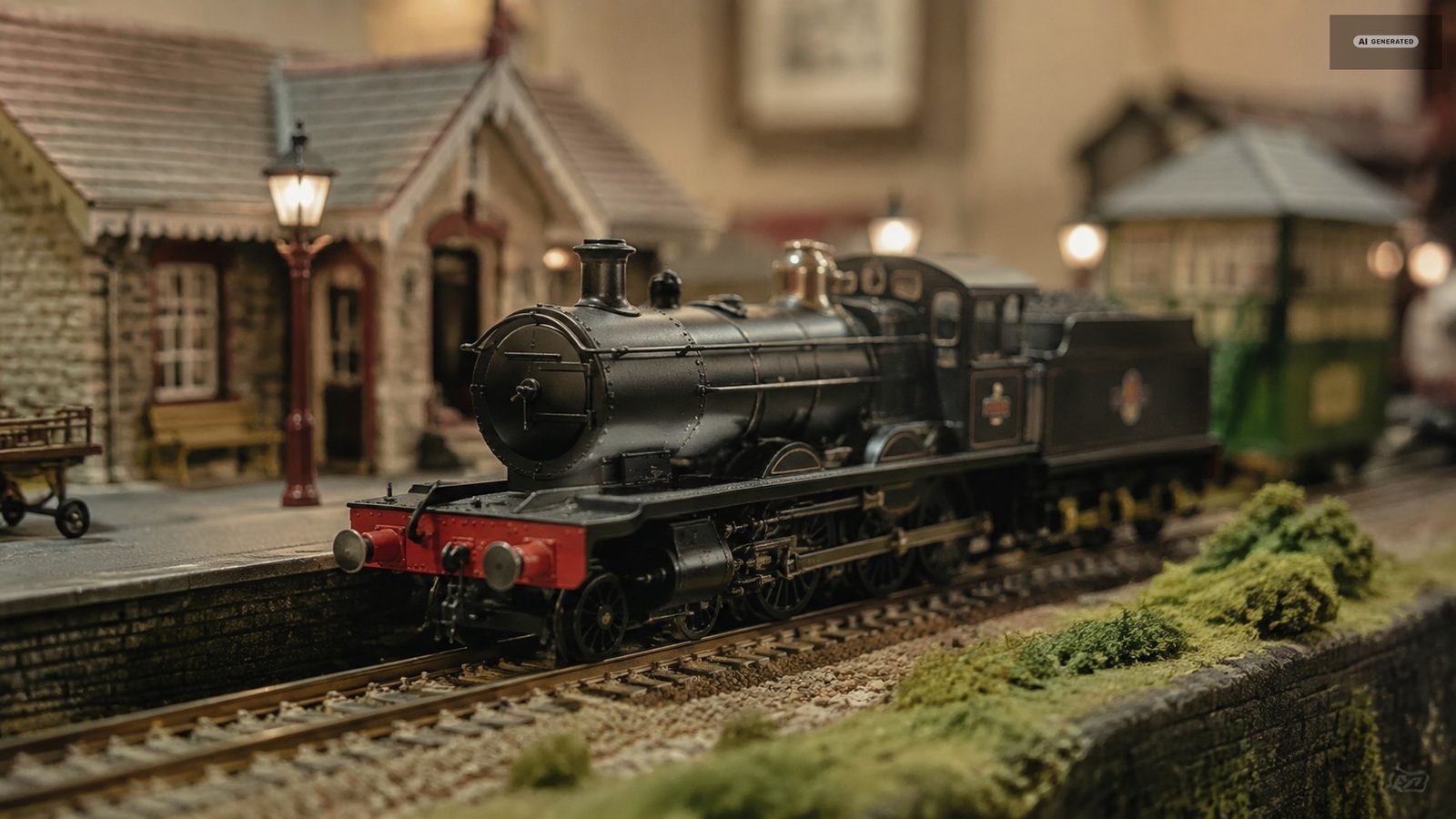 A model steam locomotive on a detailed model railway layout