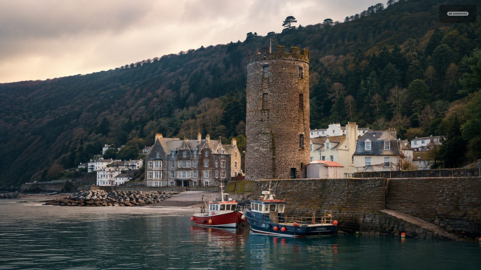 The squat round Rhenish Tower at the end of Lynmouth harbour wall, boats and cottages behind it