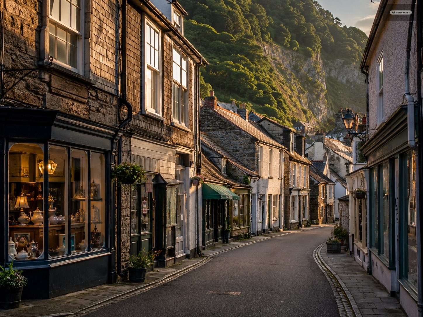 Shopfronts and tea rooms along Lynmouth Street with bunting between them