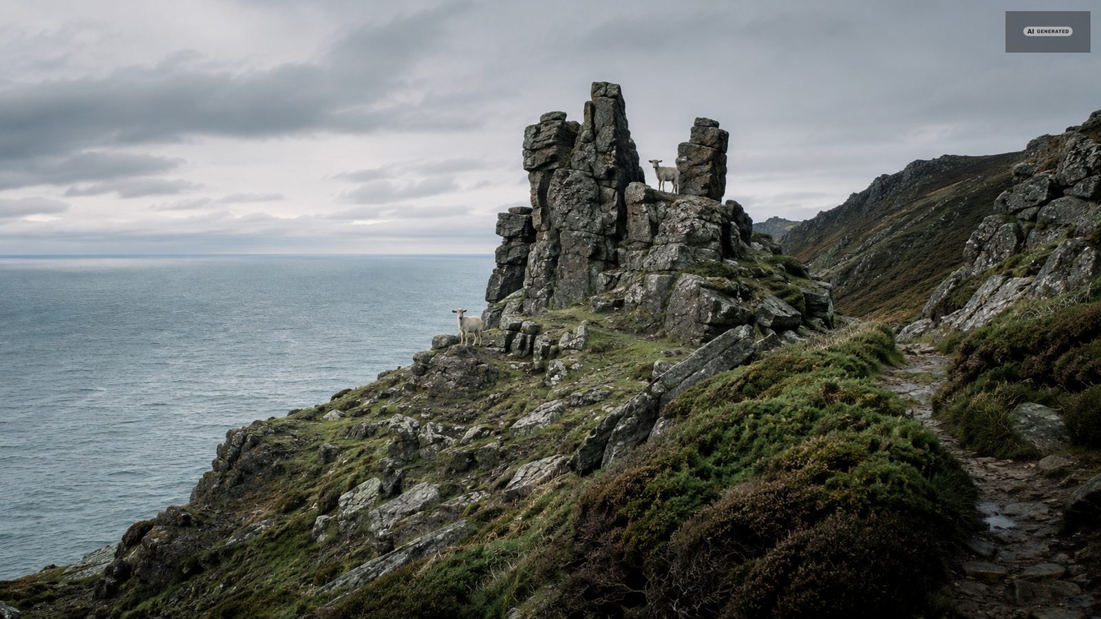Weathered rock towers standing above the sea in the dry Valley of the Rocks