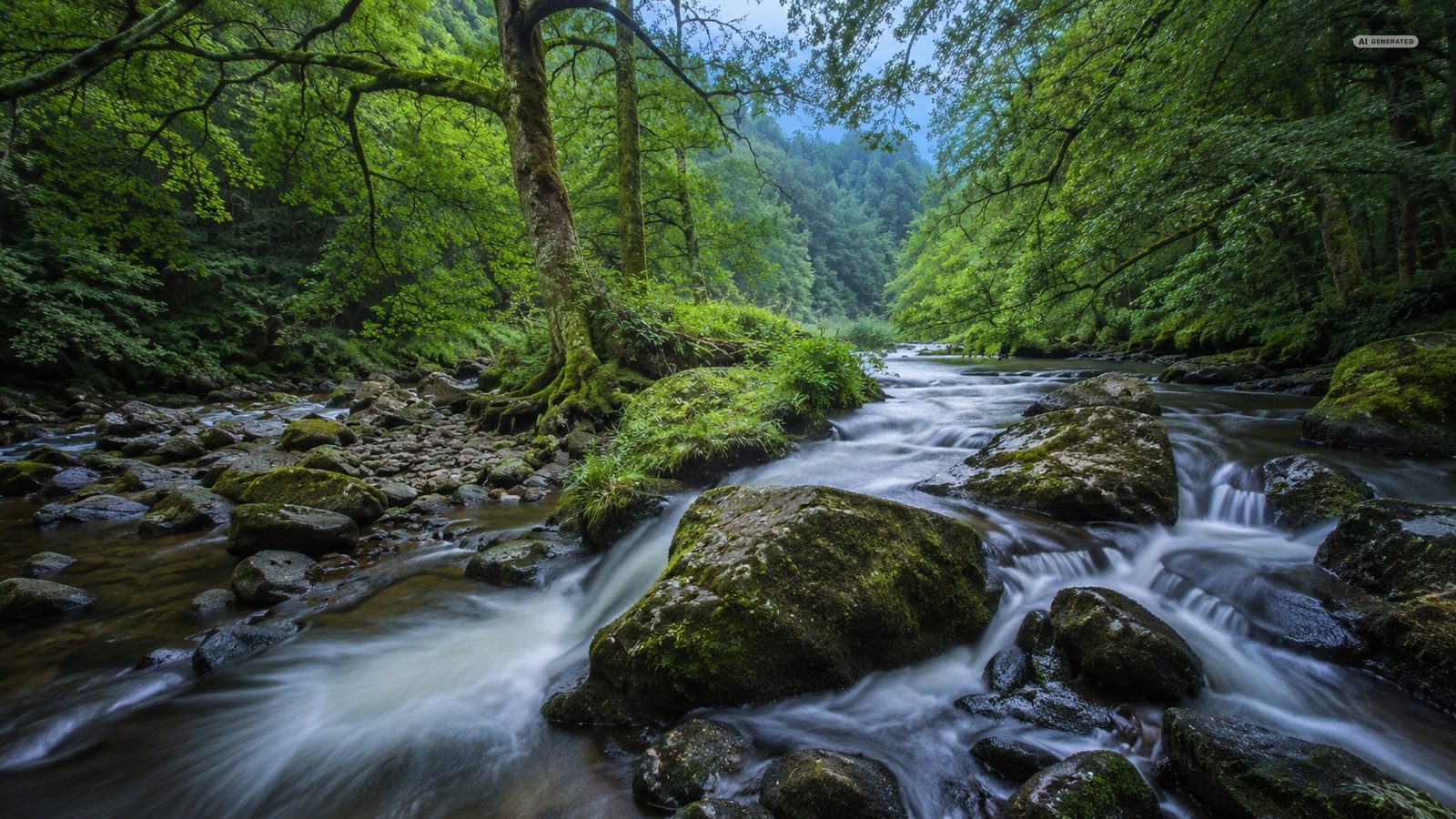 The East Lyn running over boulders through the wooded gorge at Watersmeet